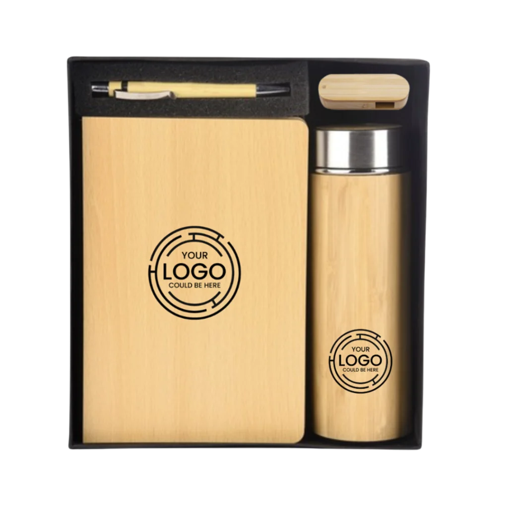 Wooden notebook, waterbottle, pen and pendrive gift set
