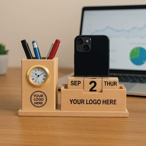 Wooden Desk Organizer with Clock and Calendar - Image 1