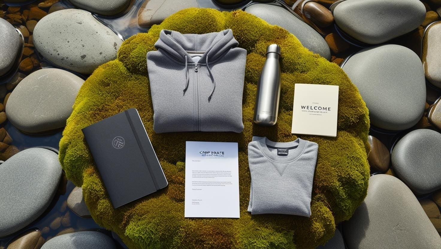 Photorealistic, high-resolution image capturing a corporate welcome kit artfully arranged directly on a bed of lush green moss beside smooth river stones. The kit includes: a matte black Moleskine-style notebook embossed with a simple, silver company logo, a brushed stainless steel water bottle, a heather grey soft-touch hoodie neatly folded, and a personalized welcome letter on thick cardstock. Soft, overcast natural daylight illuminates the scene evenly. The overall mood blends corporate professionalism with a grounded, natural feel. Slightly angled overhead shot